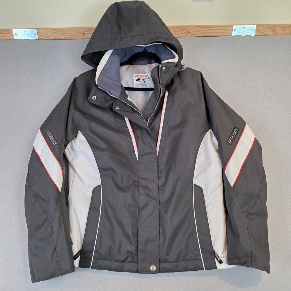 Descente D310 Womens Ski Jacket Gray White Red Hooded Winter Coat sz US 14